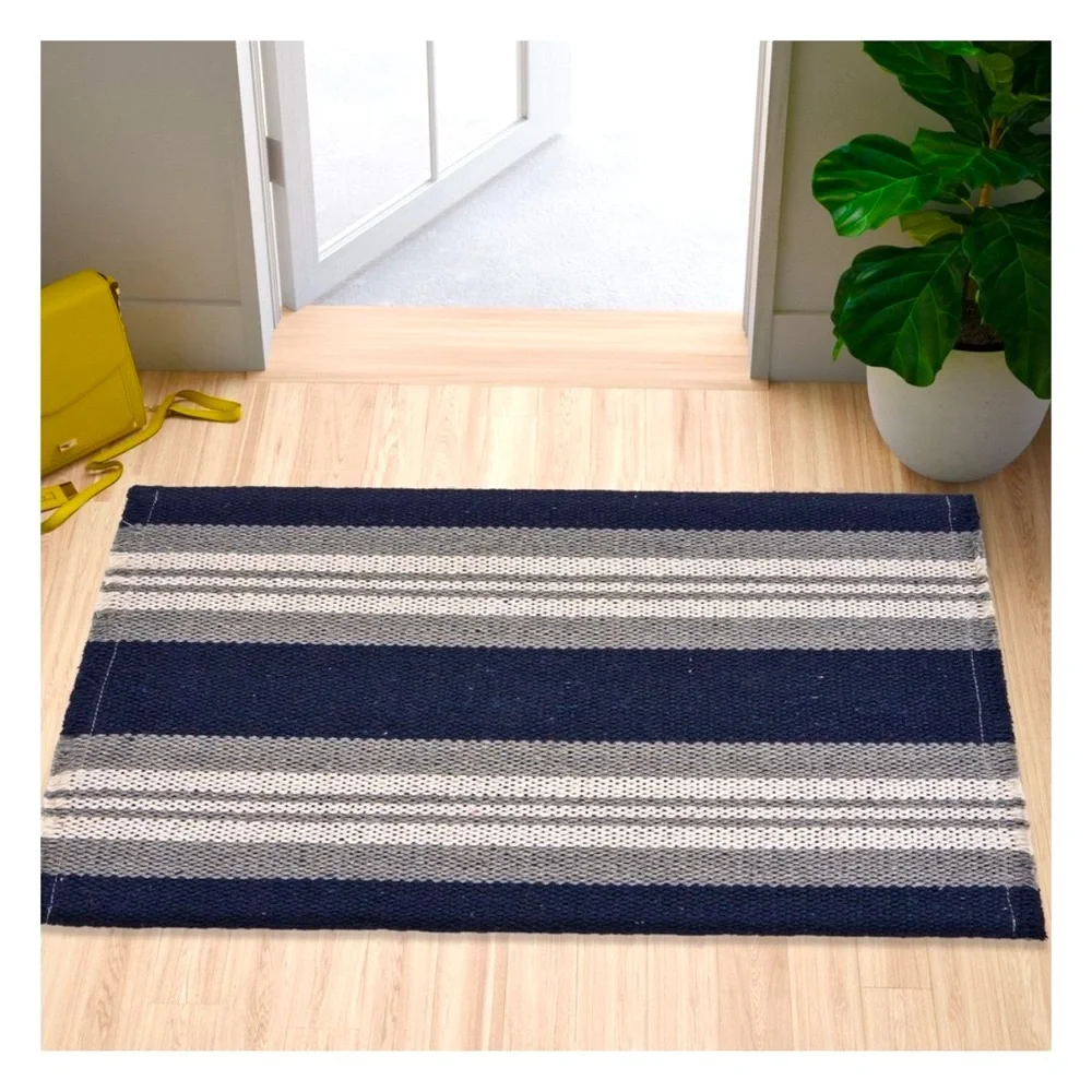 LR HOME 4 Ft. Coastal Cottage Striped Woven Accent Area Rug Navy Blue Grey White